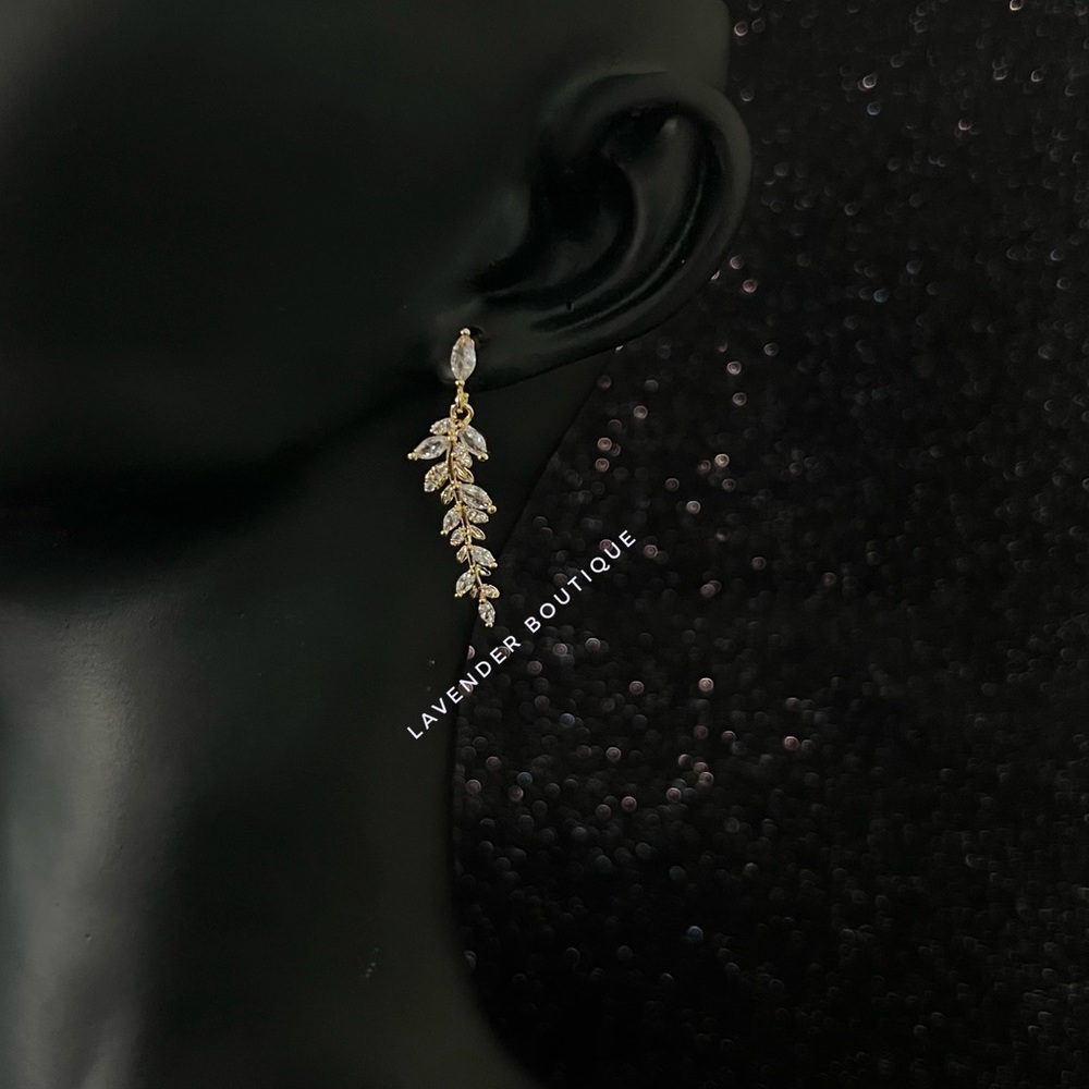 NEW 14K Gold Plated Diamond Leaf Drop Earrings - Picture 5 of 7